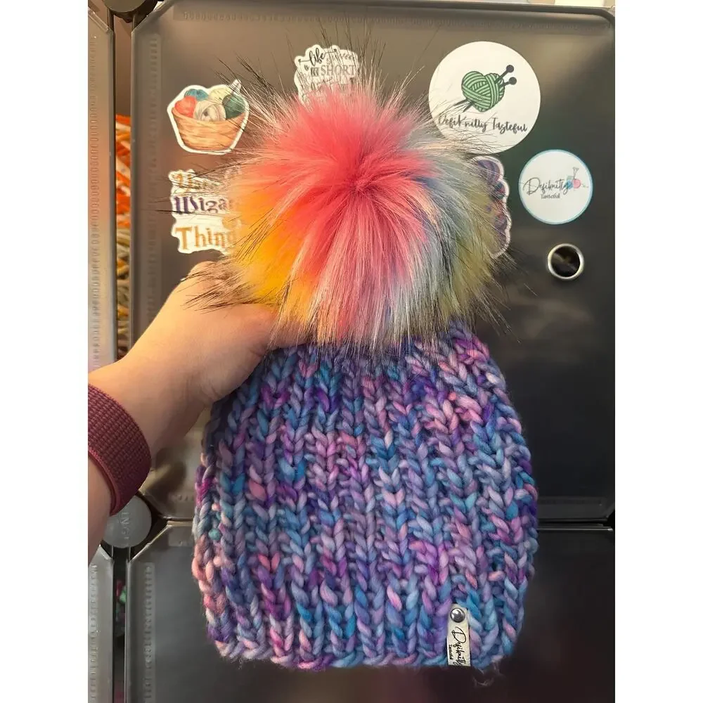 Hand Knit Merino Wool Beanie: DefiKnitly Tasteful Knit Hat with Faux Fur Pom